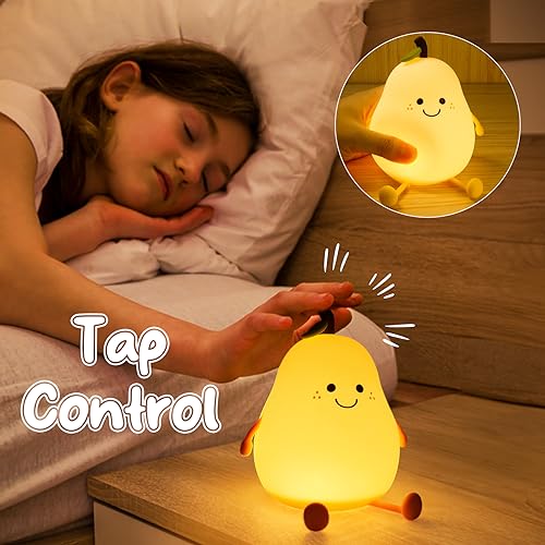 Night Light Pear Cute LED Nursery Nightlight Lamp, Tap Control Squishy Silicone, USB Rechargeable Bedside Lamp for Bedroom, Warm White & 7 Colors, Christmas Gift