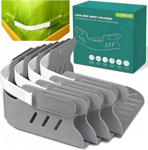 Gray Bed Sheet Holders for Corners - Heavy Duty Fitted Sheet Straps with Lock & Anti-Slip Pads (Set of 4)