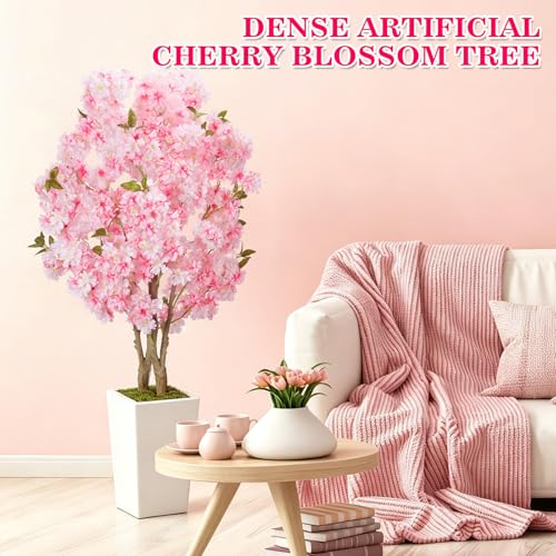 5FT Pink Artificial Cherry Blossom Tree with White Planter - Easy Setup Indoor Decor