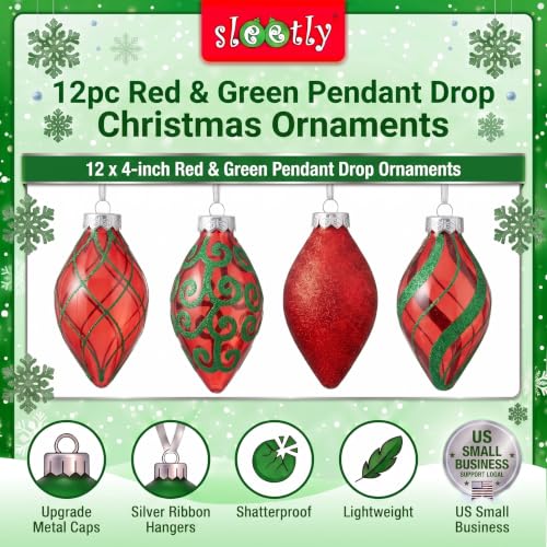Sleetly 12-Pack Teardrop Christmas Ornaments 4in Red & Green Finials – Gold Lattice/Scroll/Swirl/Glitter