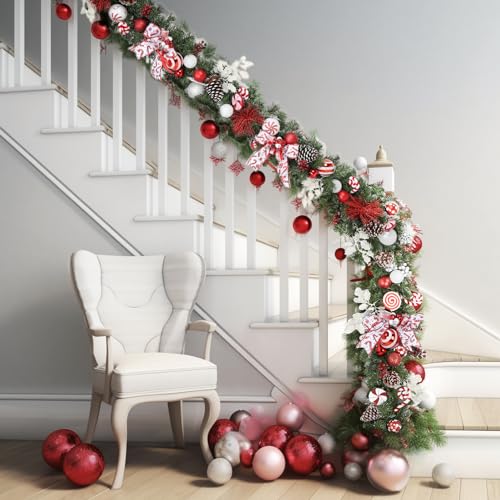 WBHome Red & White 9 Ft Christmas Garland with 50 LED Lights – Candy Shop Theme