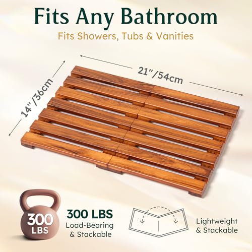 Realgulf 21x14 Inch Teak Shower Mat Non-Slip Solid Wood Bath Mat Foldable