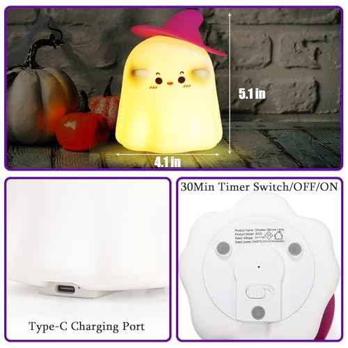 Hbaushun Ghost Night Light, Cute LED Silicone Lamp, Dimmable Bedside Bedside, Rechargeable Nursery Ghost Nightlight, with 30 Minute Timer Touch Lamp for Birthday Christmas Gifts Bedroom Decorations