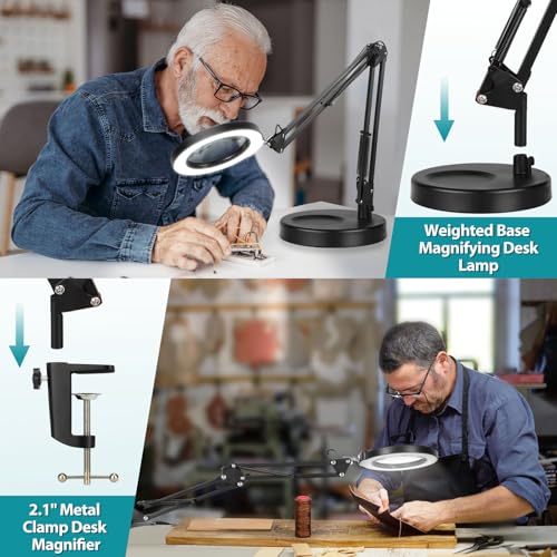 12X Magnifying Glass with Light & Stand - Black, 17.8-inch Clamp & Base, Dimmable LED