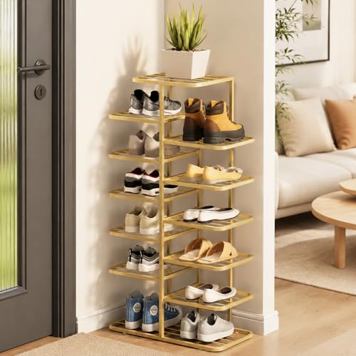 Gold Shoe Rack Tower - Narrow 7-Tier Metal Organizer for Small Spaces