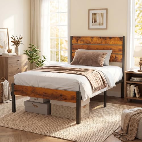 Sweetcrispy Twin Sturdy Wood Bed Frame with Headboard, 500LBS Heavy