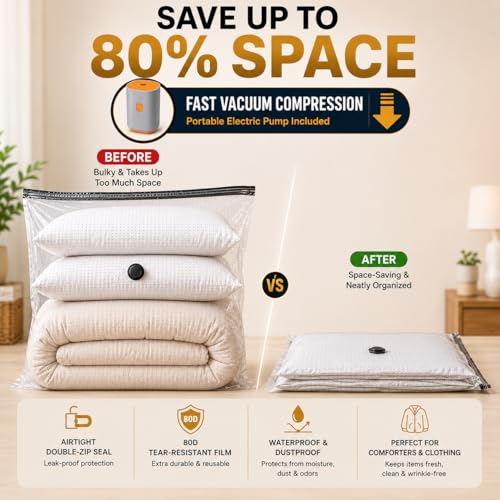PackNstore XXXL Vacuum Storage Bags 8 Pack with Electric Pump - Space Saver for Clothes & Bedding