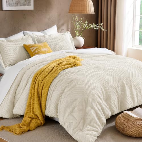 JOLLYVOGUE Queen Comforter Set 7-Piece Boho Tufted Bed in a Bag Beige & White, Queen (88"x88")