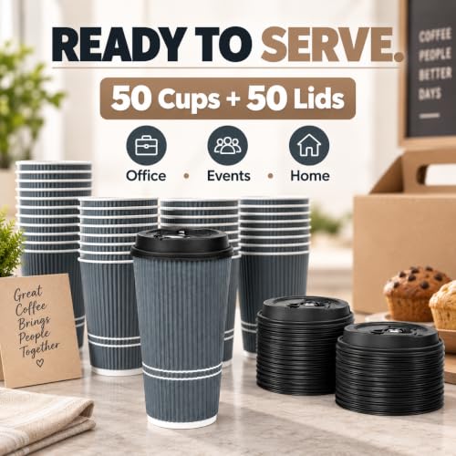 22 oz Disposable Coffee Cups with Lids - Dusk Grey 50 Pack - Hot & Cold Beverage