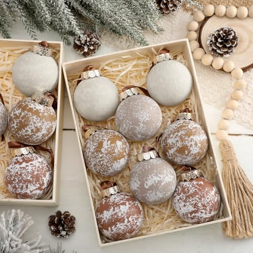 PullCrease 12 Pcs Light Brown Neutral Christmas Ornaments - Powder Matte Tree Decor