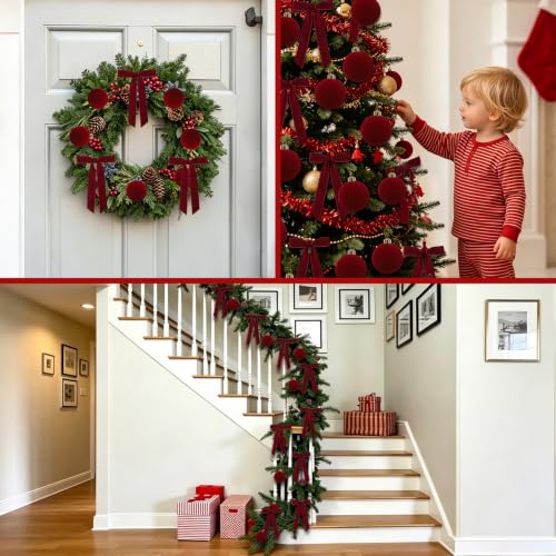 Hanmere 24 PCS Burgundy Velvet Christmas Ornaments with Bows - 12 Balls + 12 Bows (Variation: Burgundy1)