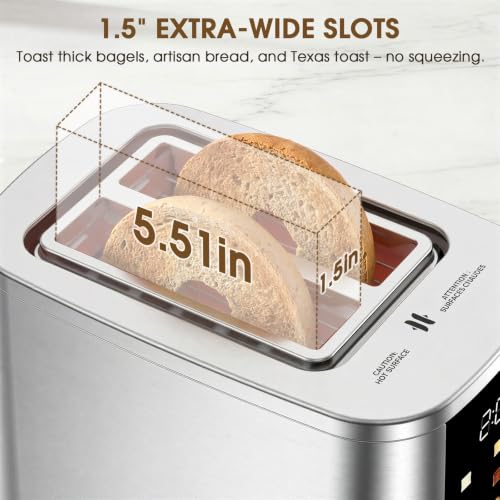 Foyoconven 2-Slot Stainless Steel Toaster with Touch Screen, 1.5 Inch Wide Slots, Digital Timer & 6 Shade Settings