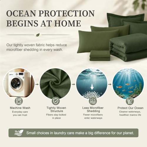 Dark Green King Comforter Set - Upgraded 7-Piece Bed in a Bag with Linen-Like Texture