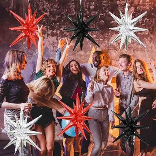 6PCS Star Balloons, 22Inch Black Red and Silver Star Balloon Foil Balloons Spike Cone Balloon for Graduation Birthday Anniversary New Year Kids Boys Party Decorations