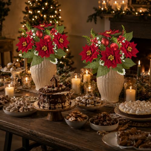 MELAJIA Red Artificial Christmas Poinsettia Bouquet, 2 Pack Holiday Decor