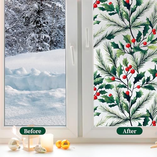 Bloss Holly Frosted Stained Glass Window Clings for Christmas Privacy 11.8" x 78.7"