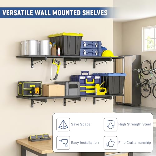 Riciakik 2 Pack Heavy Duty Garage Wall Shelves 46x12.5inch with 8 Hooks, Max Load 320LBS