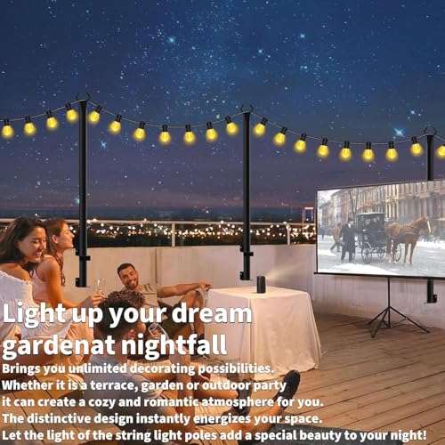 AHRLHR 6 Pack 5FT Outdoor String Light Poles with Fixing Clips, Adjustable Metal Garden & Deck Lighting Supports