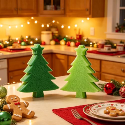 12Pcs Christmas Tree Shaped Sponge for Washing Dishes Dual Sided