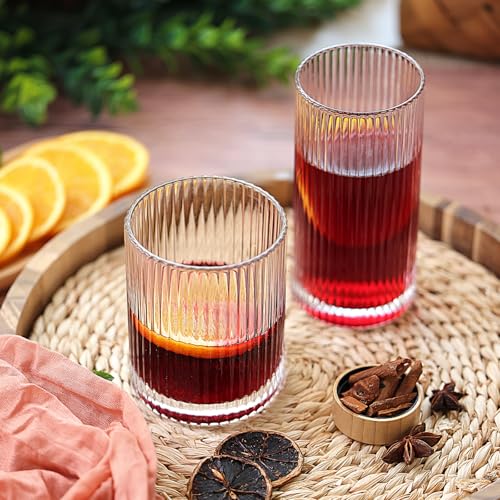Moretoes Ribbed Glass Cups Set of 12 - 12oz & 13oz Vintage Drinking Glasses