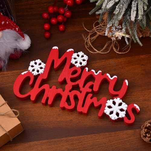 Merry Christmas Sign Wooden Tabletop Decoration, Freestanding Christmas Shelf Decor with 3D Snowflake, Red and White Xmas Decorations for Home, Mantle, Tiered Tray (Red)