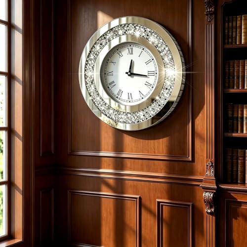 Silver Mirror Wall Clock 20x20in with Sparkle Crushed Diamond Design – Modern Home Decor