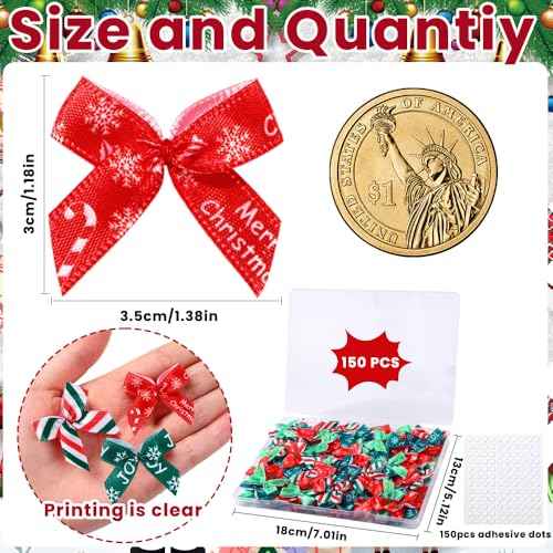 JOICEE 150 Pcs Christmas Mini Bows for Crafts, Tiny Twist Tie Bows Handmade Craft Ribbon Gift Bow with Box Stickers for DIY Sewing Gift Decorations Christmas Tree Wreath Door Garland Party Decor