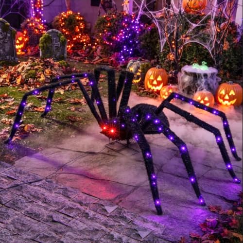 Giant Halloween Spider Decor 4.3Ft Lighted Black Metal with 6 Lighting Modes & 100 LED Purple Lights