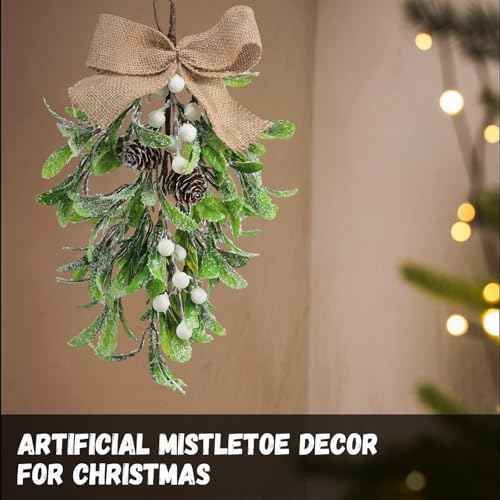 12 '' Large Christmas Mistletoe Decor Xmas Holiday Artificial Mistletoe Giant Kissing Hanging Bouquet Christmas Ornament with Sprigs Red White Berries for Xmas Floral Garland (1 Pcs,White)