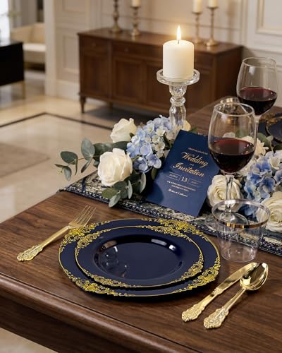Nervure Navy Blue & Gold 350-Piece Disposable Dinnerware Set for 50 Guests