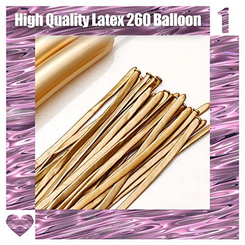 Gold Metallic Chrome Long Balloons, 50pcs Gold 260 Balloons for Balloon Animals, Thickened Skinny Twisting Balloons for Christmas, Halloween, Birthday, Wedding Party Decor