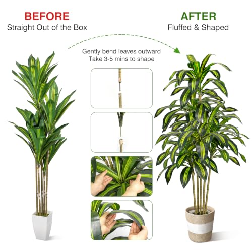 Artificial Dracaena Tree 5FT Tall with White Planter & Woven Basket - Fake Indoor Plant