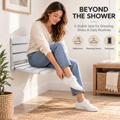White 16-Inch Wall-Mounted Foldable Shower Seat - Teak Bench for Small Shower