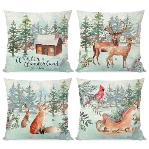 PANDICORN Winter Pillow Covers 18x18 Set of 4 Reindeer Sleigh Christmas Tree Forest Deer Xmas Winter Wonderland Decorations Outdoor Christmas Holiday Throw Pillow Cases for Sofa Couch Home Decor