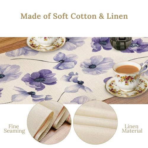 AAVEUP 13x36 Purple Flower Table Runner - Watercolor Nature Leaves, W13X L36