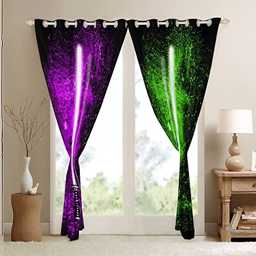Feelyou Lightsaber Windows Drapes Purple Green Tie Dye Curtains for Bedroom Living Room for Kids Boys Teens Future Technology Curtains Soft Lightweight Room Decoration,42 X 63 Inch,2 Panels