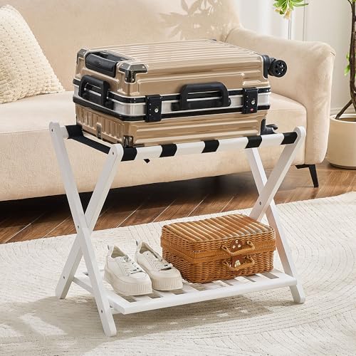 White Luggage Rack Set of 2, Fully Assembled Bamboo Suitcase Stands