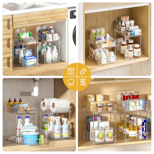 Delamu 4 Pack Clear 2-Tier Under Sink Organizer with Pull-Out Drawers, Stackable Bathroom & Kitchen Cabinet Storage