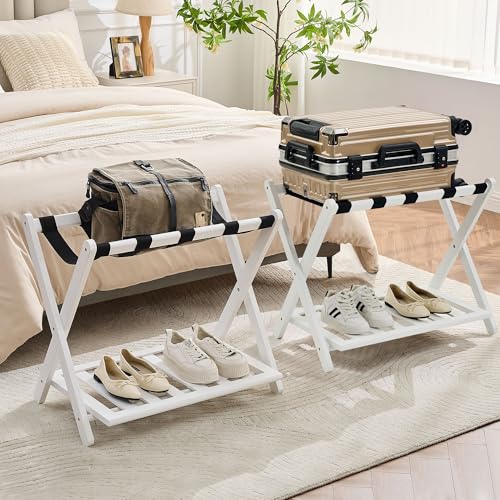 White Luggage Rack Set of 2, Fully Assembled Bamboo Suitcase Stands