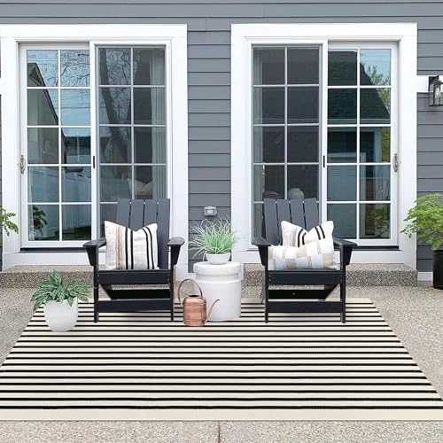 Black and Beige Striped Outdoor Rug - 4x6 Washable Porch Mat - Light Beige/Black Stripe