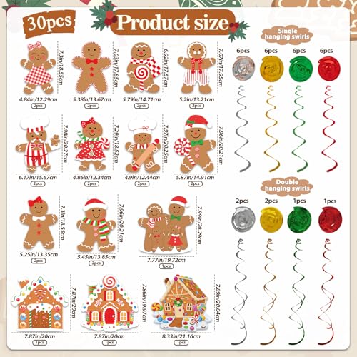 30pcs Gingerbread Party Decorations Hanging Swirls Christmas Gingerbread Streamers Decor for Christmas Birthday Party Supplies
