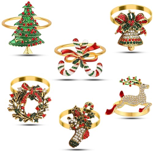KPOSIYA Christmas Napkin Rings Set of 6pcs, Gold Metal Napkin Ring Holder Bluk for Xmas Party Favor Holiday Winter Dinner Table Decoration
