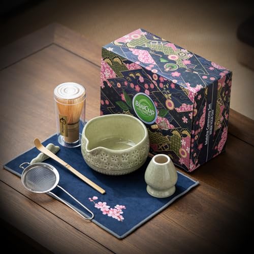 Matcha Whisk Set with Ceramic Bowl & Tools - Mottled Green
