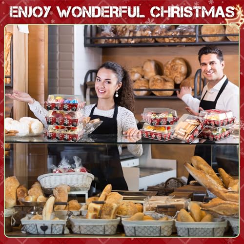 Potchen 100 Pack Christmas Bakery Boxes with Clear Lids - Red & Black Snowflakes