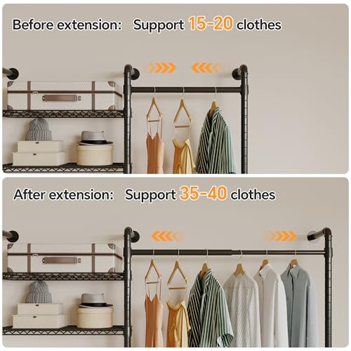 Higeego W3 Wall Mounted Clothes Rack - Black Industrial Pipe Closet System, Adjustable & Heavy Duty