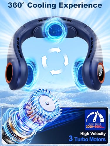 FYALLASO Dark Blue Neck Cooling Fan, Hands-Free Wearable Personal Cooler with 3 Motors & LED Display