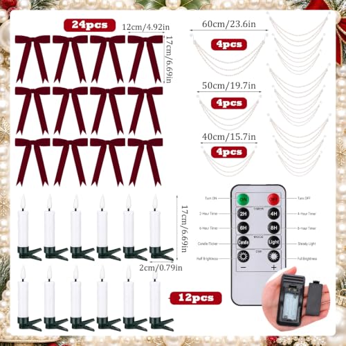48PCS Christmas Pearl Garland & Velvet Bow Decor Set with Flameless Candles