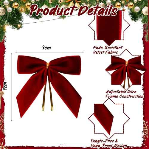 24 Pcs Christmas Bows,Burgundy Red Velvet Bows for Christmas Tree,Twist Tie Bows for Gift Wrapping,Wreath,Crafts,Home,Wedding,Party Decor,Small Christmas Decorations(8.9¡¿8.9 cm)