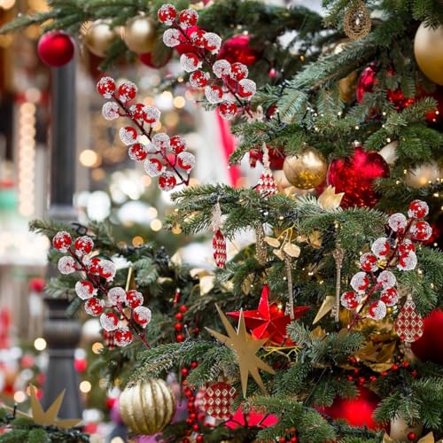 50 Pack Christmas Snowy Red Berry Stems for Tree Decorations - 8 Inch Artificial Holly Branches & Fillers by Zhmiyiqijiay