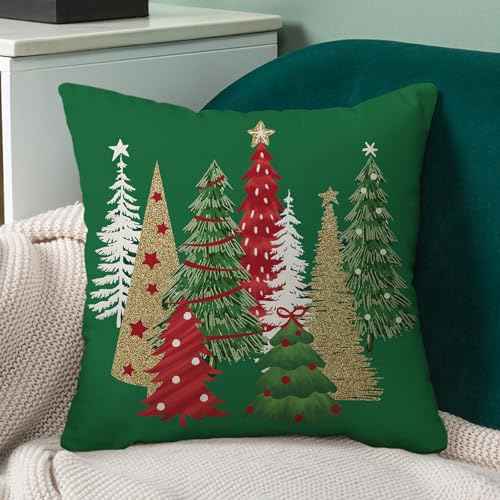 Christmas Pillow Covers, 18x18 Inch Set of 2 Green Christmas Tree Throw Pillows Case Winter Christmas Pillowcase Decoration Home Sofa Bed Sofa Cushion Cover